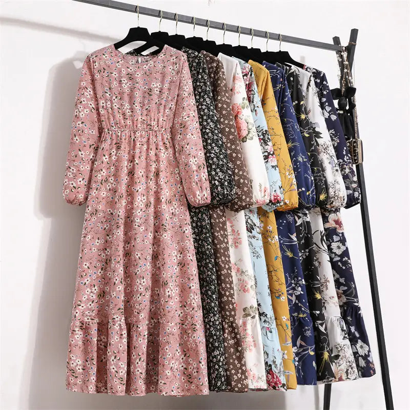 Green Floral Crewneck Long Dress