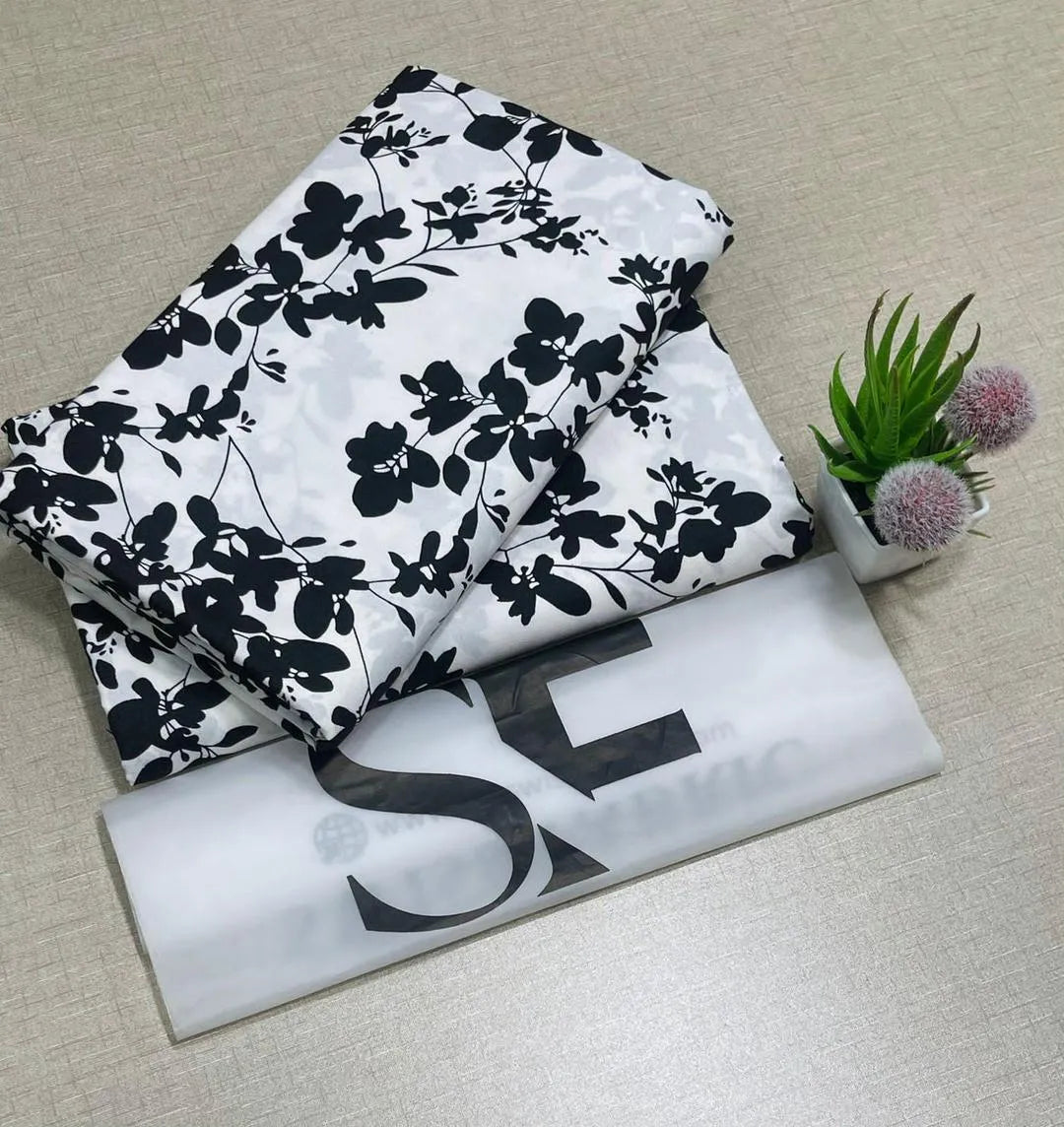Women's Black Floral Unstitched Suit White Cotton Pakistan