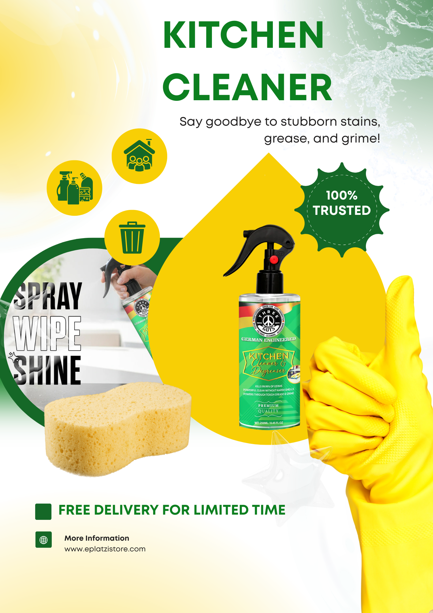 Kitchen Cleaner & Degreaser – Heavy Duty, Germ-Killing & Grease-Fighting Formula | THREE GUYS - German Engineered (250 ML)