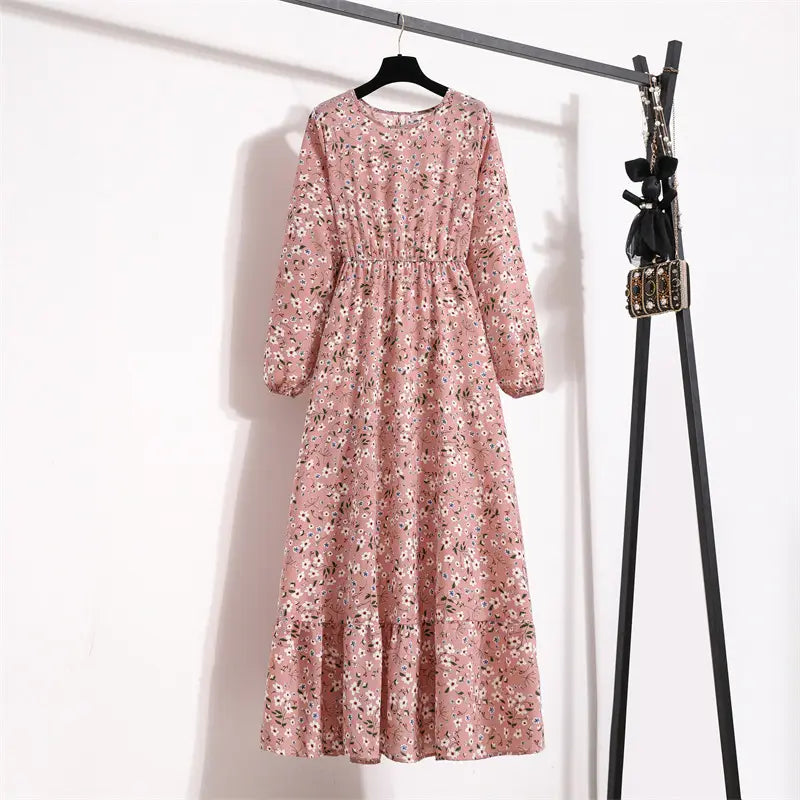 Green Floral Crewneck Long Dress