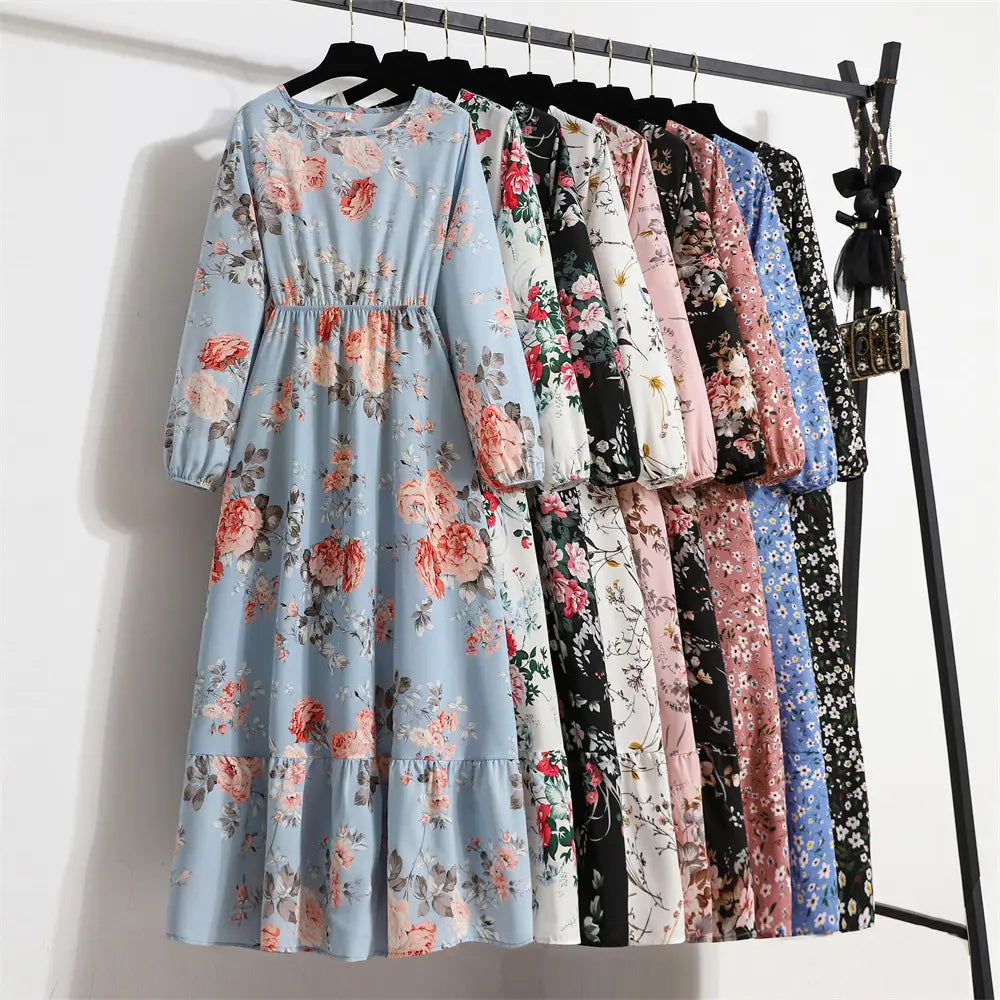 Green Floral Crewneck Long Dress