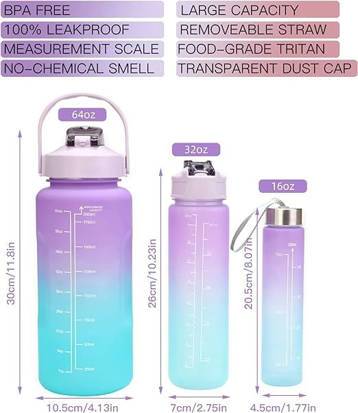 3 Piece Motivational Water Bottle Set BPA Free Plastic (Random Color)