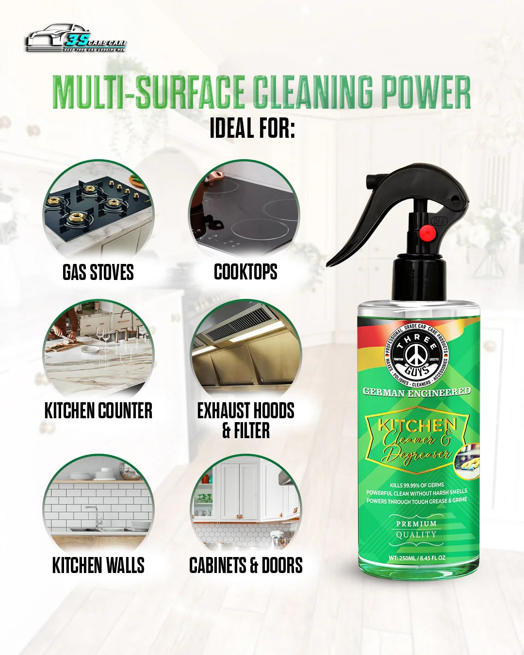 Heavy-Duty Kitchen Cleaner & Degreaser – Germ-Killing Grease-Fighting Spray (250ml)